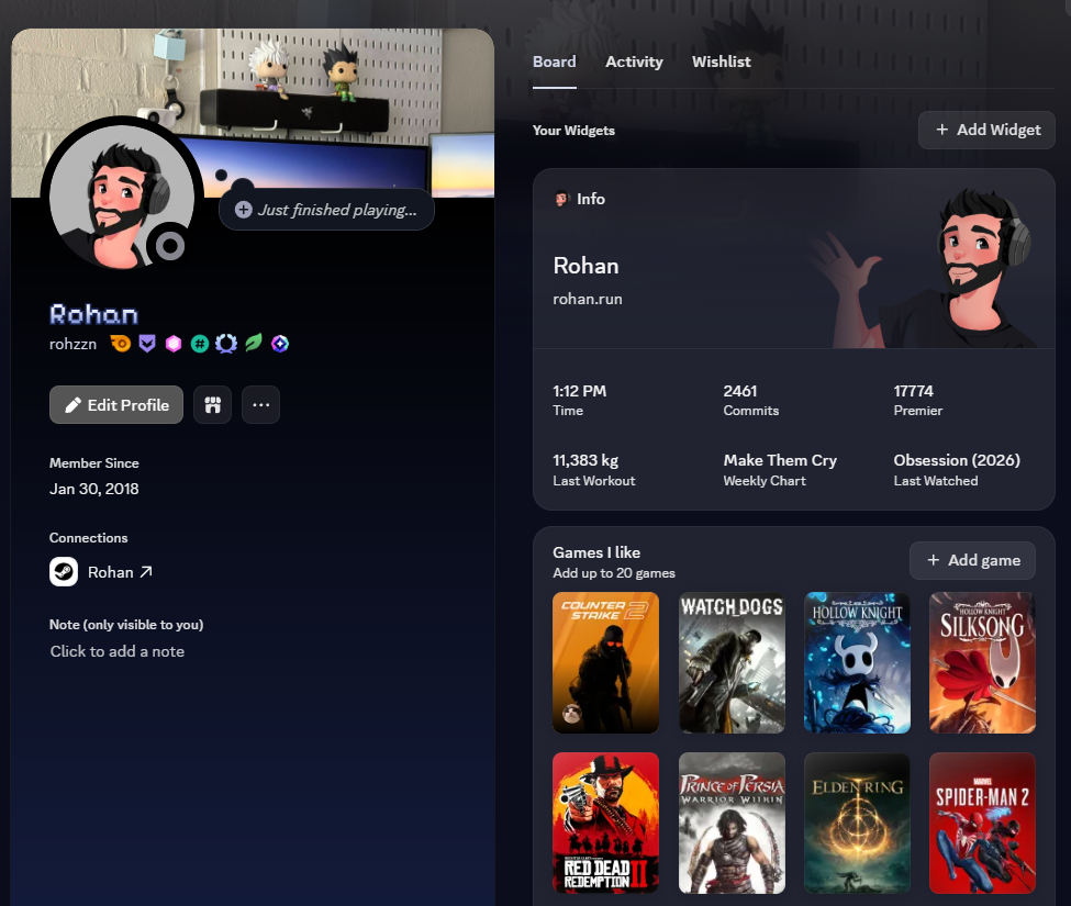 Discord profile with a live widget displayed
