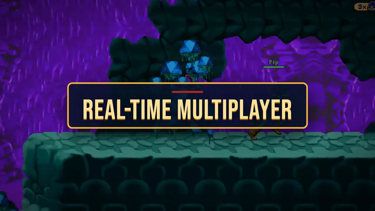 Two players running through a purple cavern