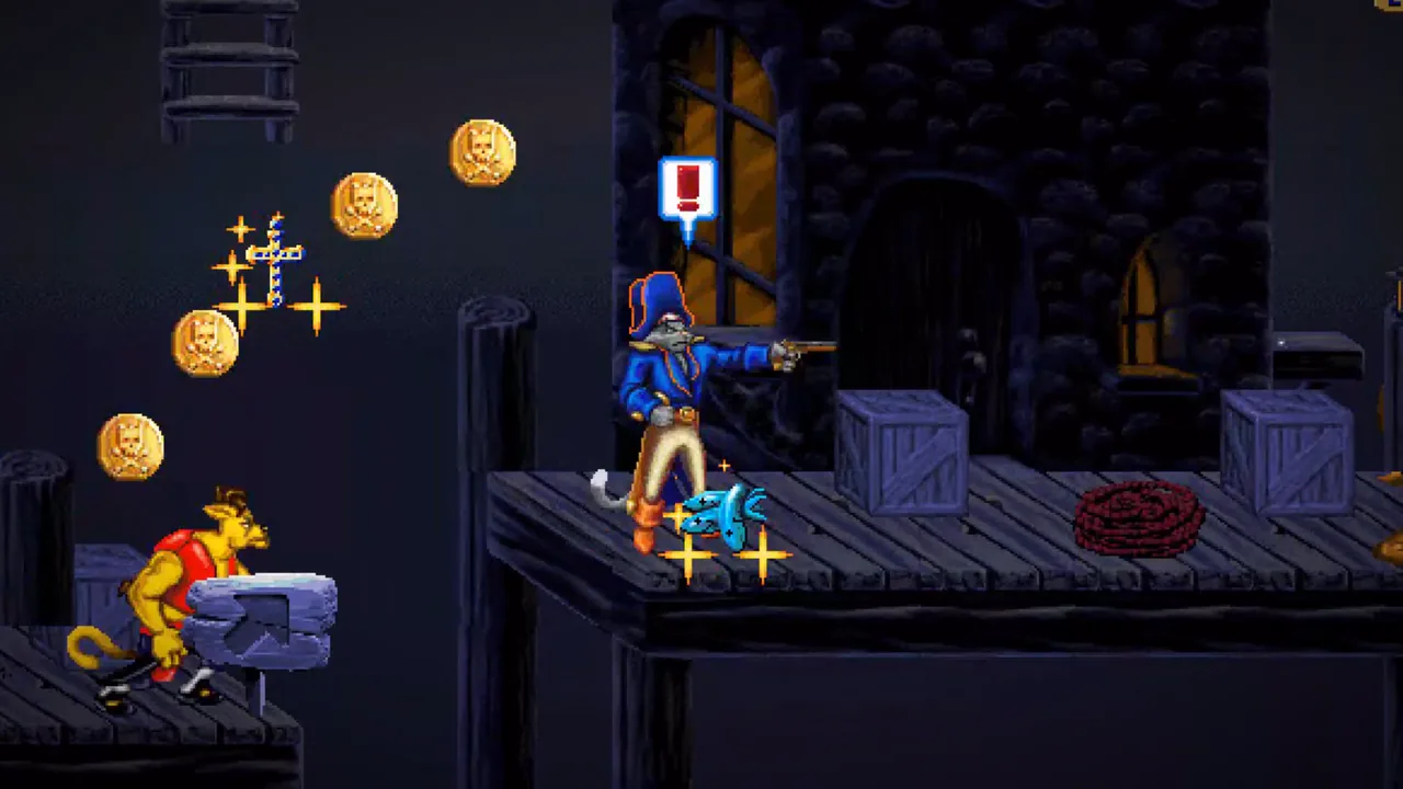 Claw fires his pistol on the docks at night